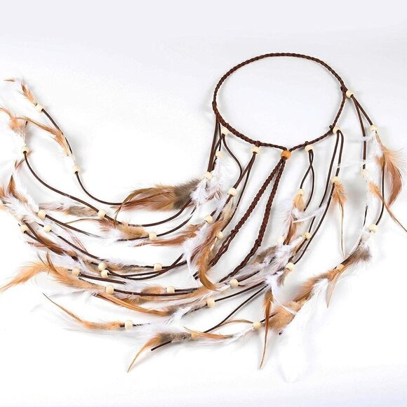🆕 Bohemian Feather Hippie Hairband Indian Gypsy Headband White Brown Tassel NWT - Picture 4 of 9